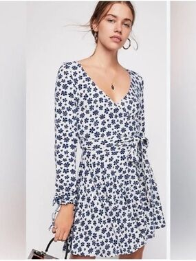Free People White Mini Wrap Dress with Navy Floral Print